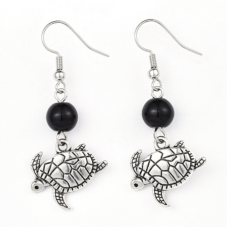 Honeyhandy Alloy Dangle Earrings, with Glass Beads and Brass Earring Hooks, Sea Turtle, Black, 48.5mm, Pin: 0.6mm