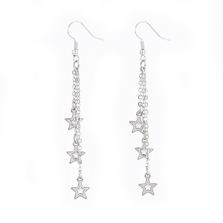 Honeyhandy Brass Tassel Dangle Earrings, with 201 Stainless Steel Charms, Star, Platinum, 77.5mm, Pin: 0.6mm