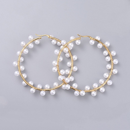 NBEADS 304 Stainless Steel Hoop Earrings, with Acrylic Imitated Pearl and Brass Findings, Golden, 76~78x75~76x6~10mm; Pin: 1x0.6mm