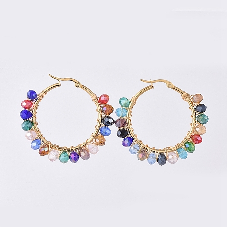 NBEADS Electroplate Glass Faceted Rondelle Hoop Earrings, with 304 Stainless Steel Earring Hoops, Colorful, 44x45mm, Pin: 0.7x1mm