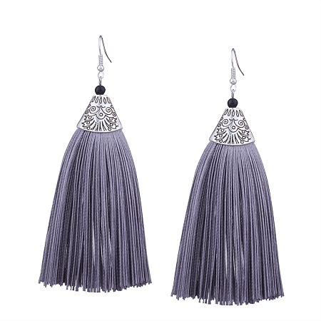 Honeyhandy Dangling Tassel Earrings, with Alloy Finding, Antique Silver, Gray, 110x40mm