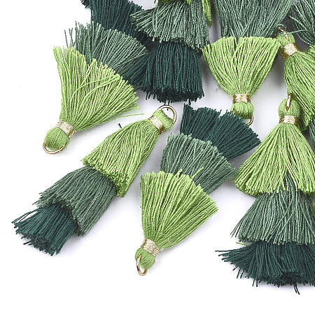 Honeyhandy Polycotton(Polyester Cotton) Tassel Pendant Decorations, with Iron Findings, Golden, Colorful, 39~40x19~26x6~7mm, Hole: 4mm