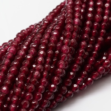 ARRICRAFT Dyed Natural White Jade Round Beads Strands, Faceted, Cerise, 4mm, Hole: 1mm; about 92pcs/strand, 15.3 inches