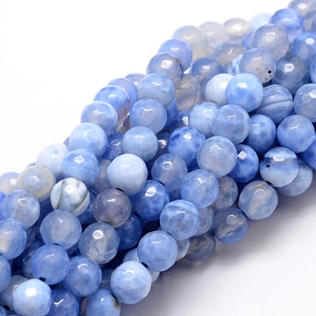 Nbeads Faceted Natural Agate Round Beads Strands, Dyed, CornflowerBlue, 6mm, Hole: 1mm; about 64pcs/strand, 14.7
