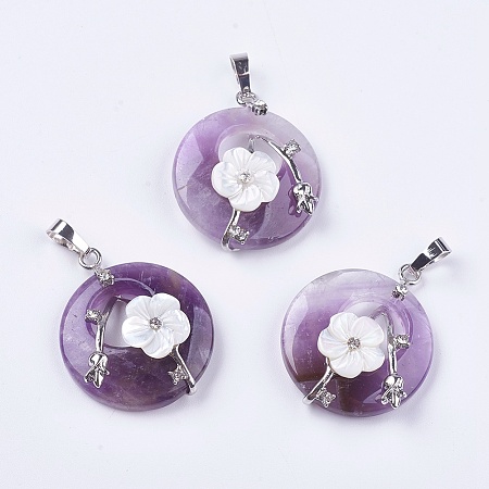Honeyhandy Natural Amethyst Pendants, with Shell, Rhinestone and Platinum Tone Brass Findings, Flat Round with Flower, 35.5~36x28x8mm, Hole: 5x8mm