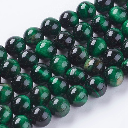 Honeyhandy Natural Tiger Eye Beads Strands, Dyed & Heated, Round, Green, 8mm, Hole: 1mm, about 48pcs/strand, 15.75 inch