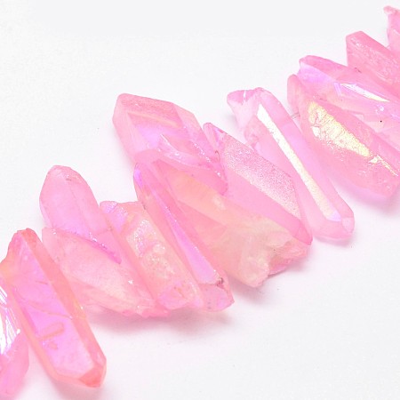 Honeyhandy Electroplated Natural Quartz Crystal Bead Strands, Nuggets, Dyed, Pearl Pink, 16~36x5~8x5~8mm, Hole: 1.5mm, about 15pcs/strand, 4 inch