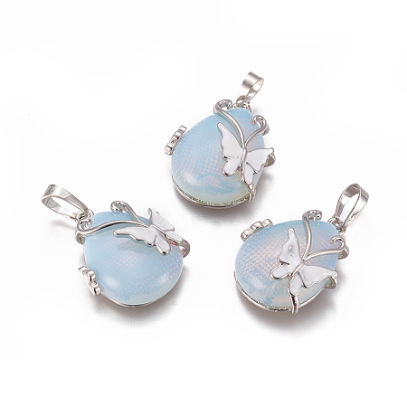 Honeyhandy Opalite Pendants, with Enamel and Brass Findings, teardrop, with Butterfly, Platinum, 30x23.5x12mm, Hole: 10x6mm