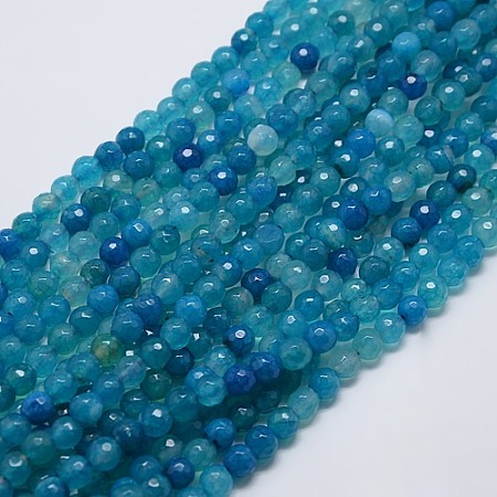 Honeyhandy Natural Agate Round Beads Strand, Dyed, Faceted, Deep Sky Blue, 6mm, Hole: 1mm, about 62pcs/strand, 14.17 inch