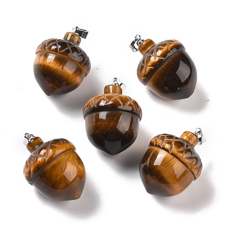 Natural Tiger Eye Pendants, with Rack Plating Brass Findings, Cadmium Free & Lead Free, Real Platinum Plated, Pine Cones, 29x20~21mm, Clasp: 5x4mm