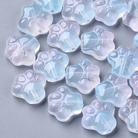 Arricraft Two Tone Transparent Spray Painted Glass Beads, Dog Paw Prints, Light Sky Blue, 11x12x4.5mm, Hole: 1mm