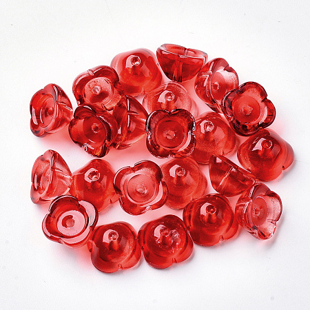 Honeyhandy 4-Petal Transparent Spray Painted Glass Bead Caps, Flower, Red, 11.5x11.5x7mm, Hole: 1.6mm