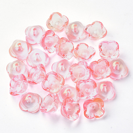 Honeyhandy 4-Petal Transparent Spray Painted Glass Bead Caps, with Glitter Powder, Flower, Pink, 11.5x11.5x7mm, Hole: 1.6mm