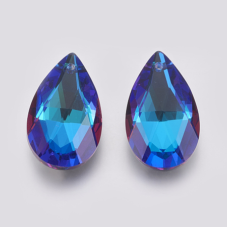 Honeyhandy K9 Glass Rhinestone Pendants, Imitation Austrian Crystal, Faceted, teardrop, Bermuda Blue, 27.5~28x16~16.5x8~8.5mm, Hole: 1.6mm