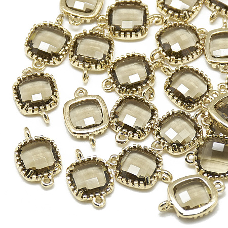Honeyhandy Glass Links Connectors, with Golden Tone Brass Findings, Faceted, Square, Dark Khaki, 15x9x3mm, Hole: 0.5mm