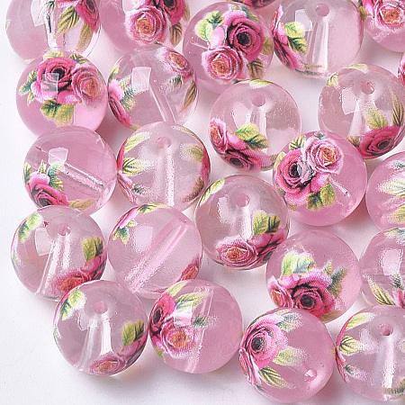 Arricraft Printed & Spray Painted Transparent Glass Beads, Round with Flower Pattern, Pink, 8~8.5x7.5mm, Hole: 1.4mm