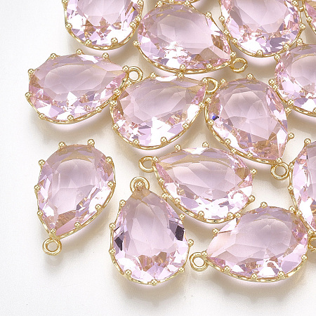 ARRICRAFT Glass Pendants, with Brass Findings, Faceted, teardrop, Golden, Pearl Pink, 22x14.5x7mm, Hole: 1.5mm