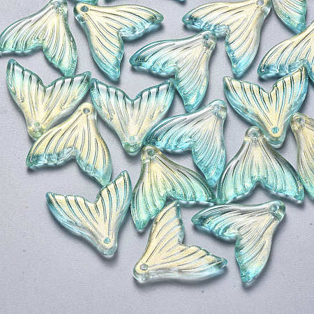 Honeyhandy Transparent Spray Painted Glass Pendants, with Glitter Powder, Fishtail Shape, Turquoise, 19x19.5x3.5mm, Hole: 1.2mm