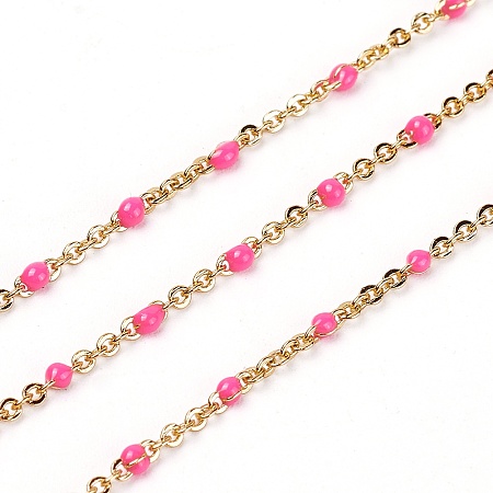 ARRICRAFT Handmade Enamel Beaded Chains, Brass Cable Chains, Long-Lasting Plated, Soldered, Hot Pink, Real 18K Gold Plated, 1.5mm