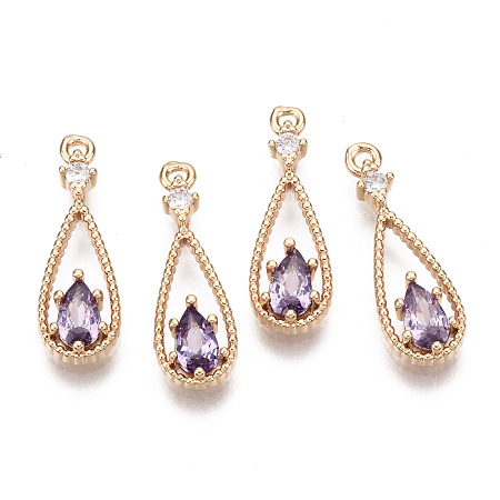 Honeyhandy Brass Micro Pave Cubic Zirconia Pendants, with Glass, Teardrop, Long-Lasting Plated, Light Gold, Violet, 17.5x6x2.5mm, Hole: 1mm
