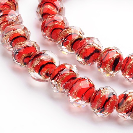 Honeyhandy Handmade Gold Sand Lampwork Rondelle Beads, Faceted, Red, 8x6mm, Hole: 1mm
