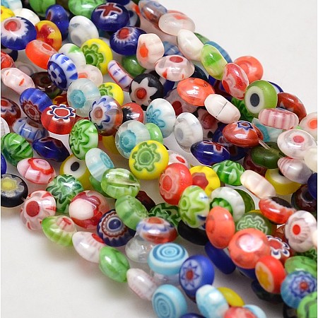 ARRICRAFT Handmade Millefiori Glass Flat Round Bead Strands, Single Flower Design, Colorful, 6x2.5mm, Hole: 1mm, about 64~68pcs/strand, 14.5~15 inches
