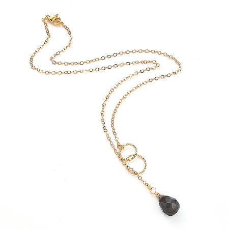 Honeyhandy teardrop, Natural Labradorite Pendants Necklaces, with Brass Linking Rings & Cable Chains, 304 Stainless Steel Lobster Claw Clasps, 17.52~17.72 inch(44.5~45cm), 2mm
