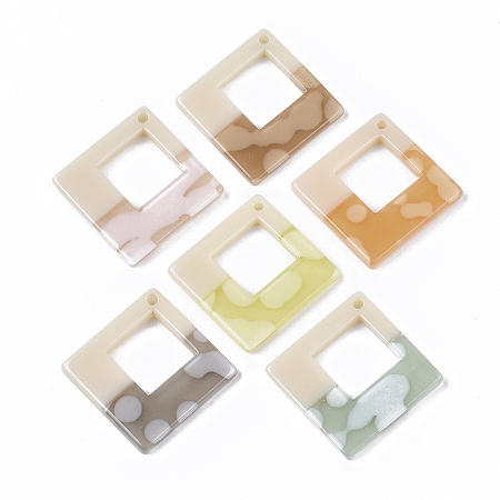 ARRICRAFT Acrylic Pendants, Two Tone, Imitation Gemstone, Rhombus, Mixed Color, 37x37x3.5mm, Hole: 2mm
