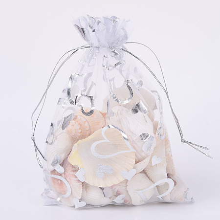 Honeyhandy Heart Printed Organza Bags, Gift Bags, Rectangle, White, 18x13cm
