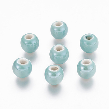 Honeyhandy Pearlized Aquamarine Handmade Porcelain Round Beads, 10mm, Hole: 2~3mm