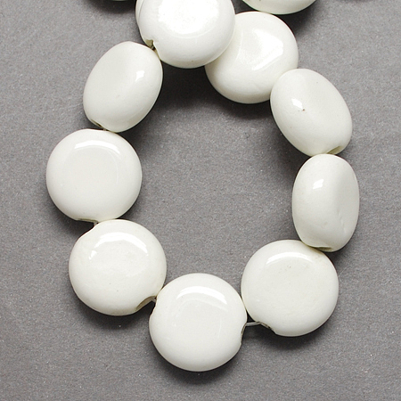 Honeyhandy Handmade Porcelain Beads, Bright Glazed Porcelain, Flat Round, White, 15x14x7mm, Hole: 3mm