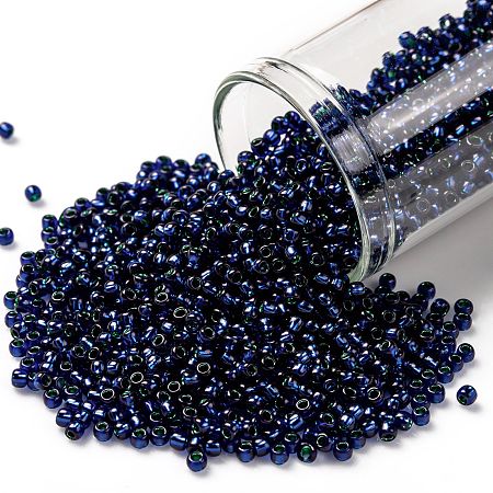 Honeyhandy TOHO Round Seed Beads, Japanese Seed Beads, (2203) Green Lined Cobalt, 11/0, 2.2mm, Hole: 0.8mm, about 1110pcs/10g