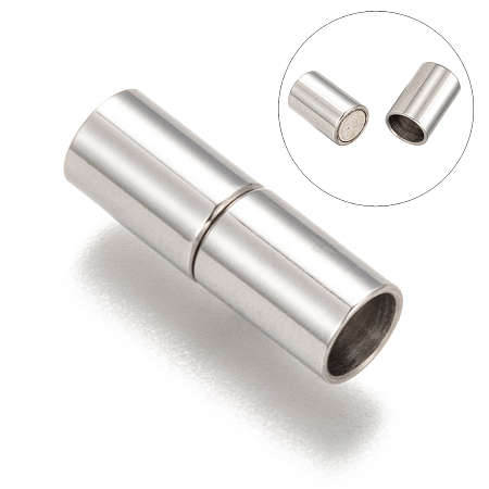 Honeyhandy Column 304 Stainless Steel Magnetic Clasps with Glue-in Ends, Stainless Steel Color, 16x5mm, Hole: 4mm
