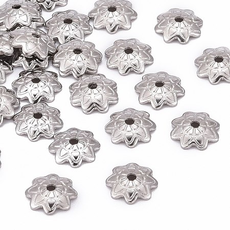 Honeyhandy 304 Stainless Steel 8-Petal Flower Bead Caps, Stainless Steel Color, 7x1.5mm, Hole: 1mm, about 36~38pcs/5g