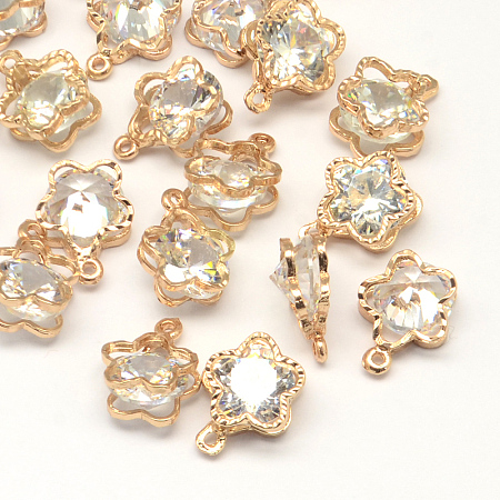 Honeyhandy Flower Alloy Charms, with Cubic Zirconia, Light Gold, 12x9x5mm, Hole: 1mm