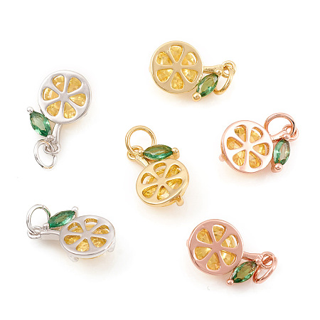 Brass Micro Pave Cubic Zirconia Charms, with Jump Ring, Lemon, Yellow & Green, Mixed Color, 11x7x3.5mm, Hole: 2.5mm