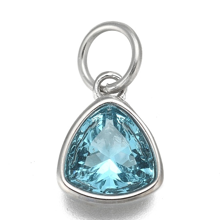 Honeyhandy 304 Stainless Steel Cubic Zirconia Pendant, Triangle, Stainless Steel Color, Dark Turquoise, 12.5x9.5x5mm, Hole: 5mm