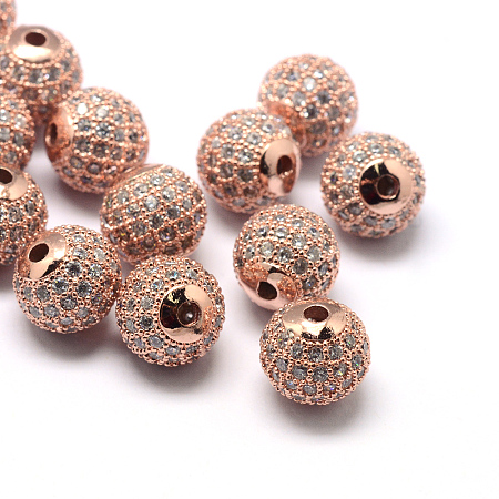 Honeyhandy Rack Plating Brass Cubic Zirconia Beads, Long-Lasting Plated, Round, Rose Gold, 9.5~10x9~9.5mm, Hole: 2mm