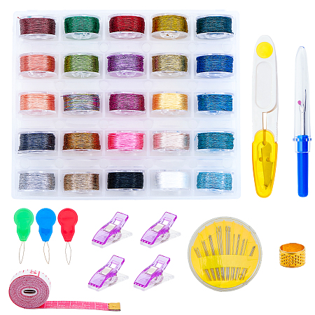 DIY Embroider Kit, with Polyester Sewing Thread, Iron Thread Guide & Sewing Needles & Sewing Thimbles, Stainless Steel Scissors, Seam Ripper, Measure and Plastic Clips, Mixed Color, 0.1mm; about 55m/roll, 25rolls/box, 1box/set