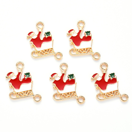 ARRICRAFT Alloy Enamel Links connectors, for Christmas, Father Christmas with Sledge, Light Gold, Red, 21x14.5x1.5mm, Hole: 1.8mm
