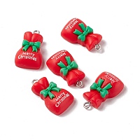 Christmas Theme Opaque Resin Pendants, with Platinum Tone Iron Findings, Gift Bag, Red, 25x15x7mm, Hole: 2mm