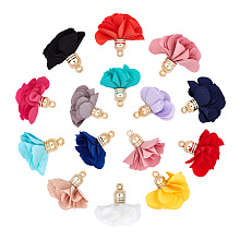 SUNNYCLUE Cloth Pendant Decorations, with Acrylic Findings, Flower, Mixed Color, 25~30x28~35mm, Hole: 2mm; 15color, 4pcs/color, 60pcs/set