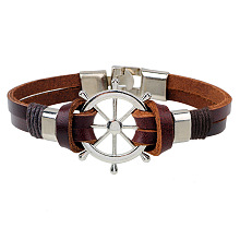 Honeyhandy Helm Alloy Leather Cord Link Bracelets, Brown, 60mm