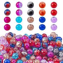 Transparent Crackle Glass Beads, Round, Mixed Color, 8mm, Hole: 1.3~1.6mm, 10 colors, 20pcs/color, 200pcs/box