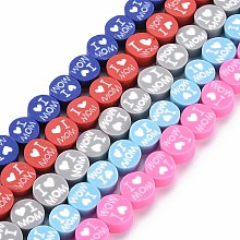 Honeyhandy Handmade Polymer Clay Bead Strands, Mother's Day Theme, Flat Round with Word I Love MOM, Mixed Color, 8x4mm, Hole: 1.4mm, about 40pcs/strand, 13.58 inch~ 14.37 inch(34.5cm~36.5cm)