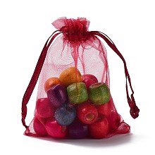 Rectangle Organza Drawstring Bags, FireBrick, 12x9cm