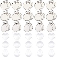 DICOSMETIC 60pcs 3 Styles Stainless Steel Flat Round Pendant Trays Treadrop Blank Pendants Heart Plain Edge Bezel Cups with Transparent Glass Cabochons for Jewelry Making