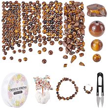 SUNNYCLUE 1 Strand Tiger Eye Chip Beads & 3 Strand 4mm 6mm 8mm Tiger Eye Round Beads & 11 Yards Elastic Crystal Thread & Scissors for Bracelet Necklace Earrings Jewelry Making