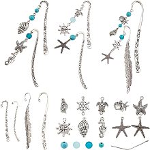 SUNNYCLUE DIY 6 Set Ocean Metal Hook Bookmarks Making Kit 6pcs Leaf Tibetan Style Alloy Bookmark with Starfish Shell Alloy Pendants & Turquoise Beads for DIY Alloy Bookmark Making,4.6inch Long