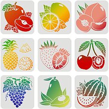 FINGERINSPIRE 9Pcs Fruits Stencils 7.87x7.87inch Plastic Pineapple Lemon Apple Watermelon Stencils Peach Pear Cherry Strawberry Grape Reusable Stencils for Painting on Wood, Floor, Wall and Tile